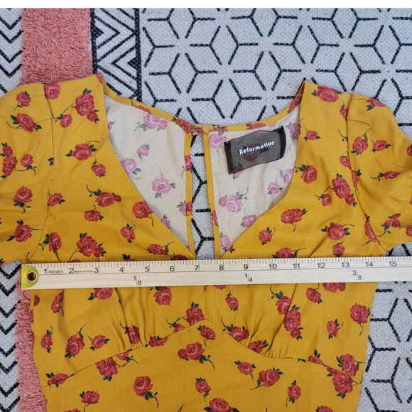 Reformation Marylu Gold Floral Mini Dress, sz 0 - Picture 9 of 11